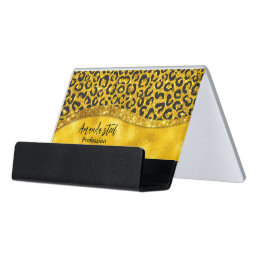 Elegant gold faux glitter animal print Monogram Desk Business Card Holder
