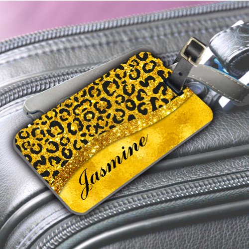 Elegant gold faux glitter animal print Monogram Luggage Tag