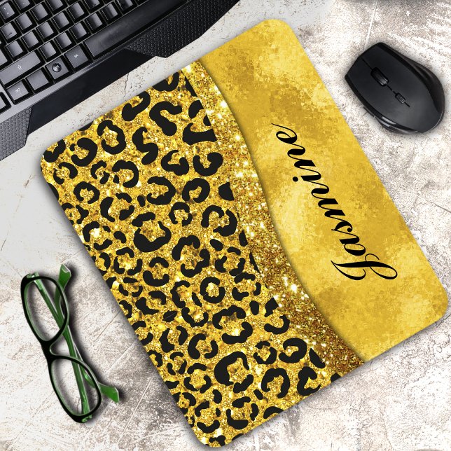 Elegant gold faux glitter animal print Monogram Mouse Pad (Creator Uploaded)