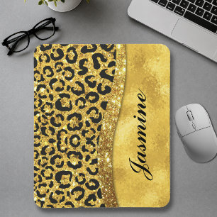 Elegant gold faux glitter animal print Monogram Mouse Pad