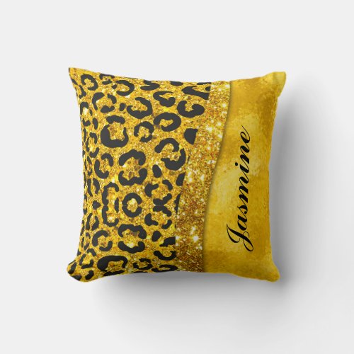 Elegant gold faux glitter animal print Monogram Throw Pillow