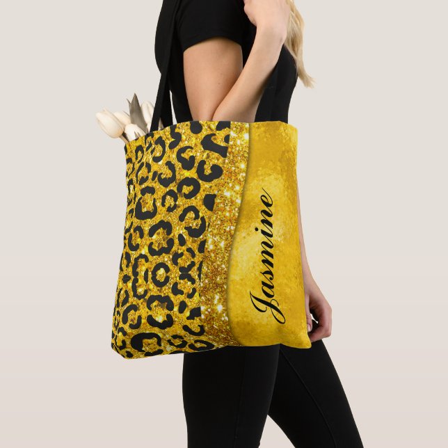 Elegant gold faux glitter animal print Monogram Tote Bag (Close Up)