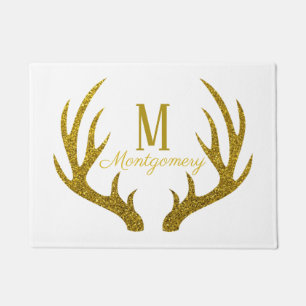Elegant Gold Faux Glitter Deer Antlers & White Doormat