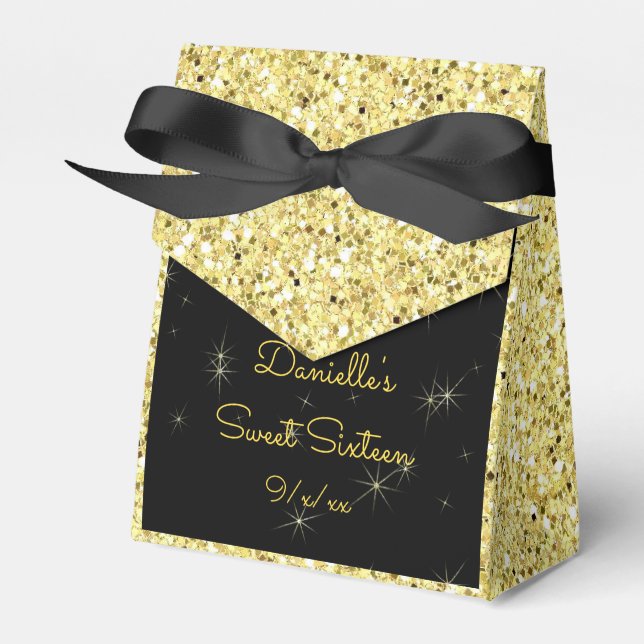 Elegant Gold, Faux Glitter, Sweet Sixteen Favor Boxes (Front Side)