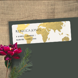 ELEGANT GOLD FAUX KRAFT WORLD MAP ADDRESS LABEL