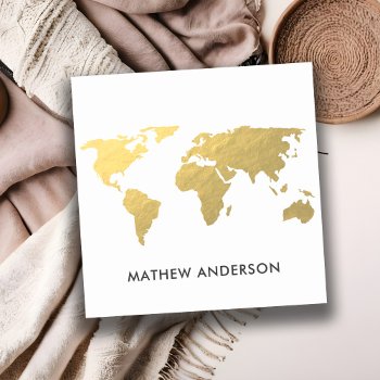 Elegant Gold Faux Kraft World Map Personalised Square Business Card by YellowFebPaperie at Zazzle