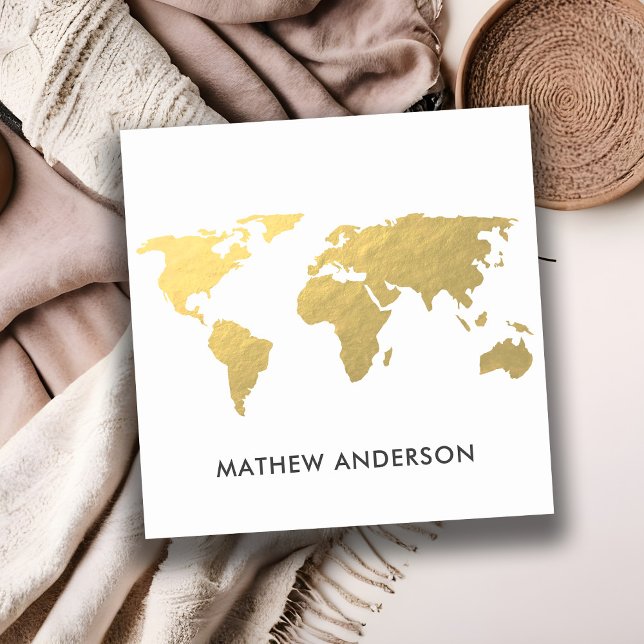 ELEGANT GOLD FAUX KRAFT WORLD MAP PERSONALISED SQUARE BUSINESS CARD (Creator Uploaded)