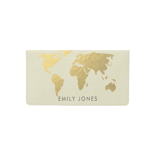 ELEGANT GOLD FAUX KRAFT WORLD MAP PERSONALIZED CHECKBOOK COVER (Front)