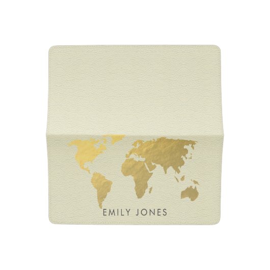 ELEGANT GOLD FAUX KRAFT WORLD MAP PERSONALIZED CHECKBOOK COVER (Open)