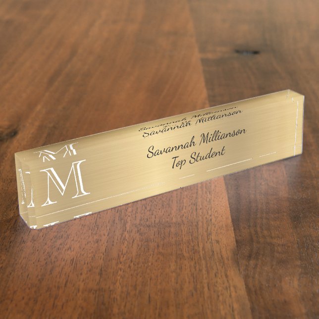 Elegant Gold Faux Metal Monogram Student Desk Name Plate (Side)