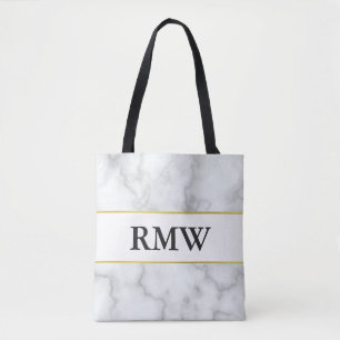 Elegant Gold Faux White Marble Initials Monogram Tote Bag