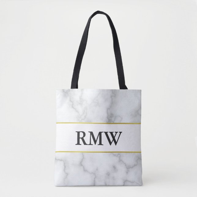 Elegant Gold Faux White Marble Initials Monogram Tote Bag (Front)