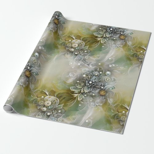 Elegant Gold Feathered Swirled Floral Beaded Pearl Wrapping Paper