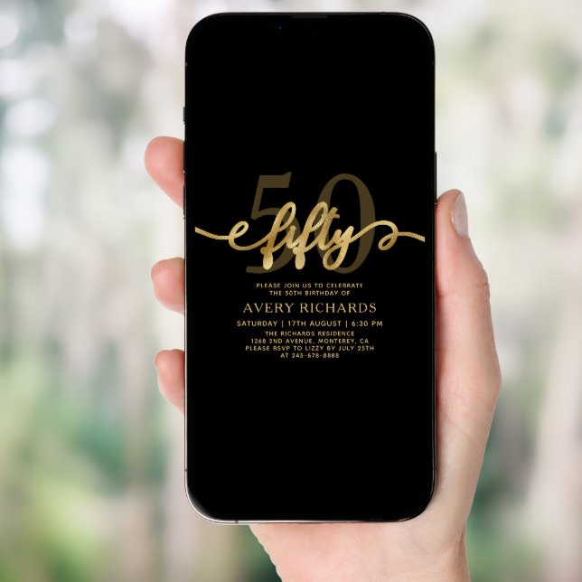 Elegant Gold Fifty Script Black 50th Birthday Invitation (Front Digital)