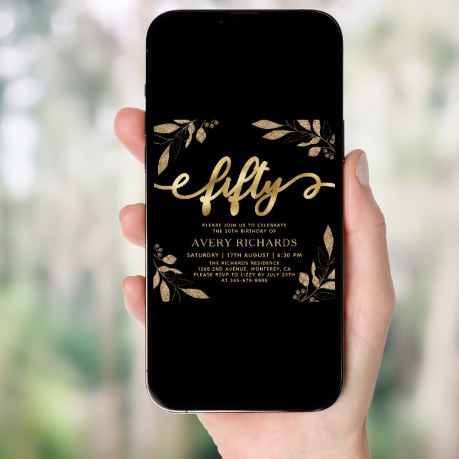 Elegant Gold Fifty Script Black 50th Birthday Invitation (Front Digital)