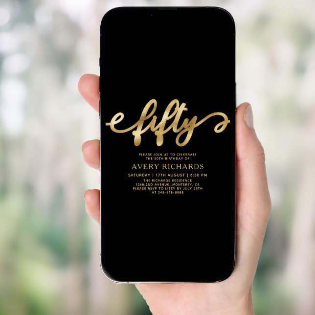 Elegant Gold Fifty Script Black 50th Birthday Invitation (Front Digital)