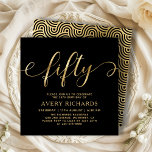 Elegant Gold Fifty Script Black 50th Birthday Invitation<br><div class="desc">Elegant Chic Black and Gold Fifty Script 50th Birthday Invitation. This modern birthday party invitation template features stylish „fifty” text in huge faux gold foil swirly handwritten calligraphy (or typography) script with swash tails, party details in gold color on black background. At the reverse side faux gold foil swirling wave...</div>