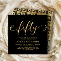 Elegant Gold Fifty Script Black 50th Birthday
