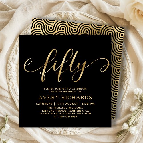 Elegant Gold Fifty Script Black 50th Birthday Invitation