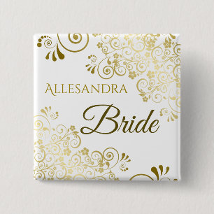 Elegant Gold Filigree Bride Wedding Name Tag Button