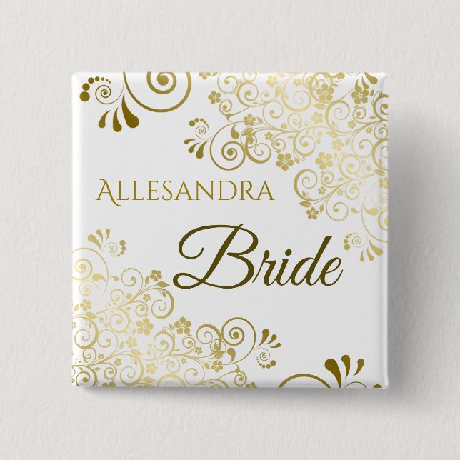 Elegant Gold Filigree Bride Wedding Name Tag Button (Front)