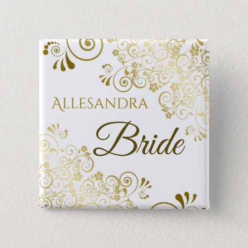 Elegant Gold Filigree Bride Wedding Name Tag Button