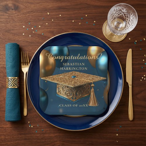 Elegant Gold Filigree Cap Teal Balloon Graduation Paper Plates