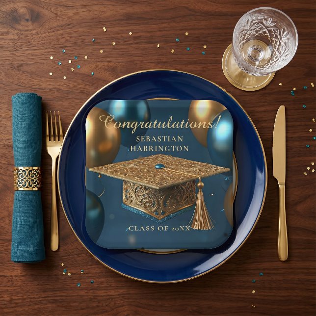 Elegant Gold Filigree Cap Teal Balloon Graduation Paper Plates (Creator Uploaded)