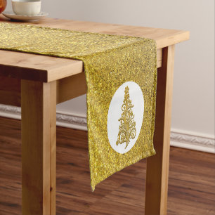 Elegant Gold Filigree Christmas Tree on Glitter Short Table Runner