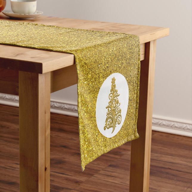 Elegant Gold Filigree Christmas Tree on Glitter Short Table Runner (In Situ)