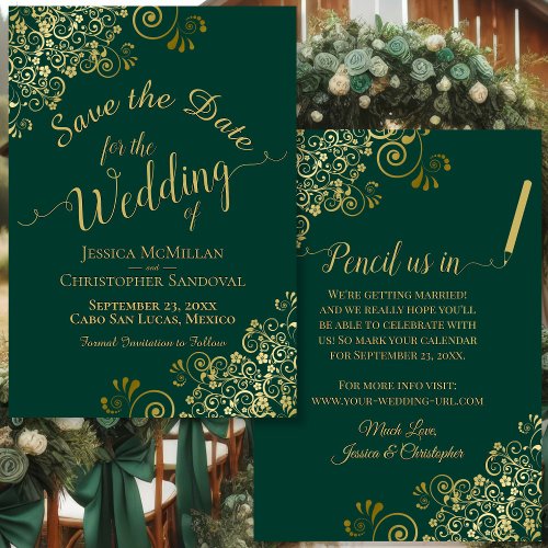 Elegant Gold Filigree Fancy Emerald Green Wedding Save The Date