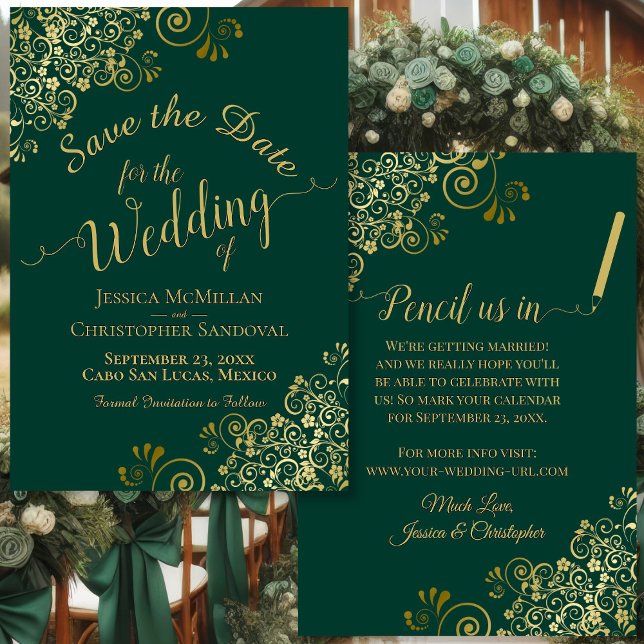 Elegant Gold Filigree Fancy Emerald Green Wedding Save The Date (Front/Back)