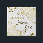 Elegant Gold Filigree Flower Girl Wedding Name Tag Button<br><div class="desc">Identify the key players at your bridal shower, wedding or rehearsal dinner with our elegant, gold faux foil buttons. Designed to coordinate with our Gold Foil Wedding Suite, this button features a gold faux foil flourish on a white background with gold text reading Flower Girl and a place to enter...</div>