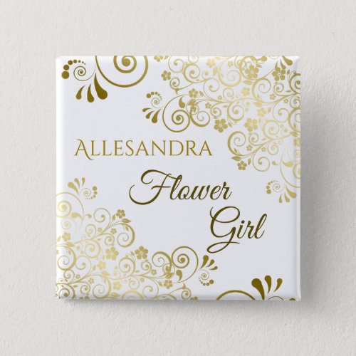 Elegant Gold Filigree Flower Girl Wedding Name Tag Button