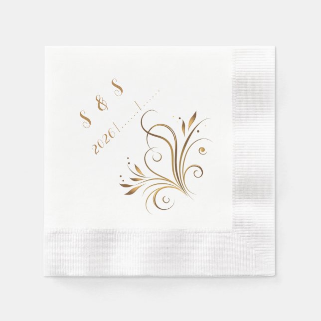 Elegant Gold Filigree & Leaf Flourish Wedding Napkins (Front)