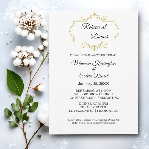 Elegant Gold Filigree on White Rehearsal Dinner Invitation