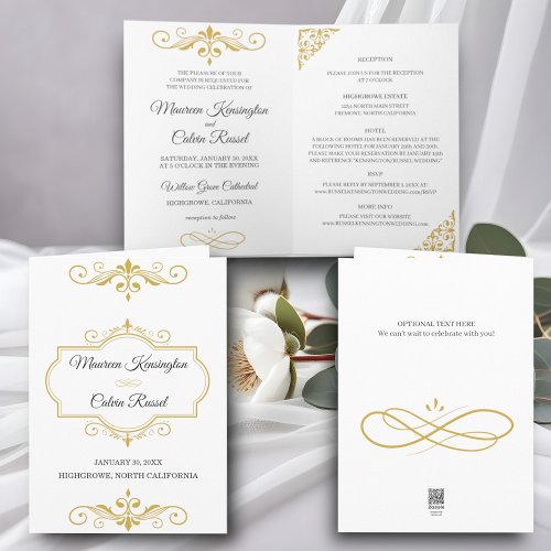 Elegant Gold Filigree on White Wedding Invitation