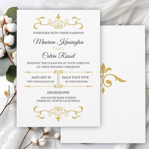Elegant Gold Filigree on White Wedding Invitation