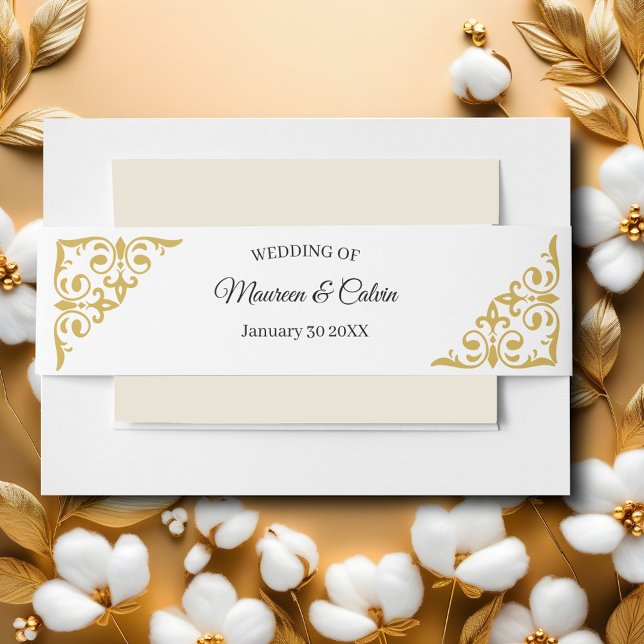 Elegant Gold Filigree on White Wedding Invitation Belly Band (Creator Uploaded)