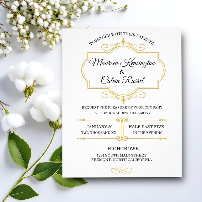 Elegant Gold Filigree on White, Wedding Invitation Flyer (Creator Uploaded)