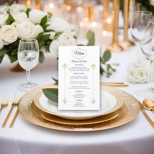 Elegant Gold Filigree on White Wedding Menu Budget