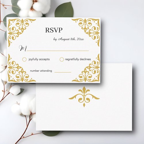 Elegant Gold Filigree on White Wedding RSVP Enclosure Card