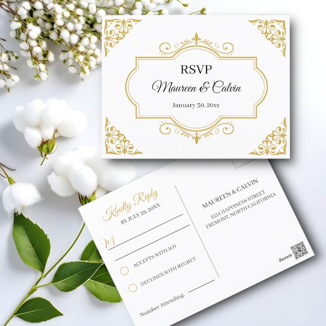 Elegant Gold Filigree on White, Wedding RSVP Postcard (Creator Uploaded)