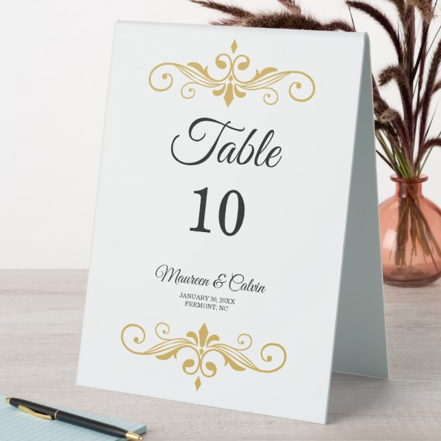 Elegant Gold Filigree on White, Wedding Table Tent (In SItu (Table))