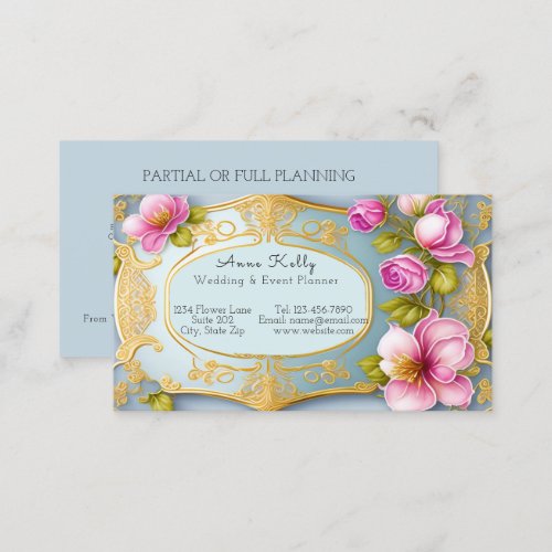 Elegant Gold Filigree Pink Wedding Event Planner Business Card