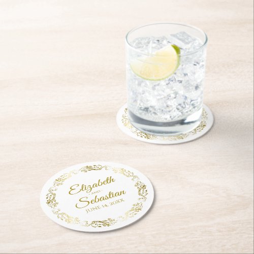 Elegant Gold Filigree Simple Chic Wedding Round Paper Coaster