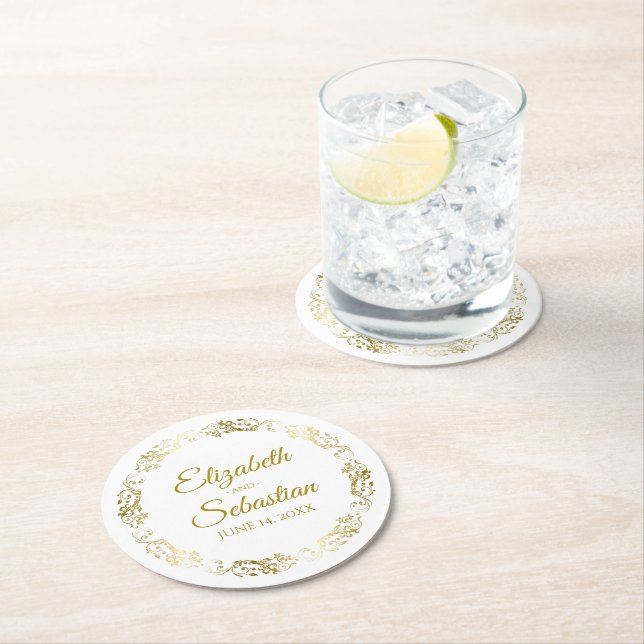 Elegant Gold Filigree Simple Chic Wedding Round Paper Coaster (Insitu)