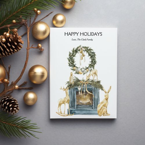 Elegant Gold Fireplace Christmas Flat Holiday Card