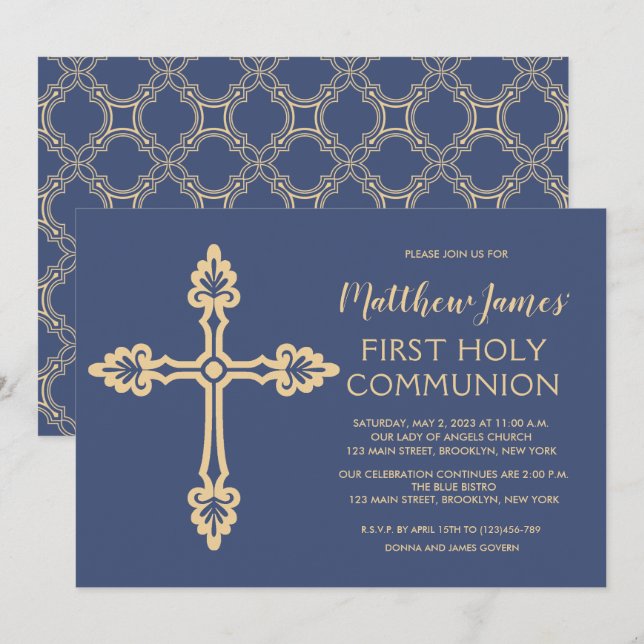 Elegant Gold First Communion Invitation for Boys (Front/Back)