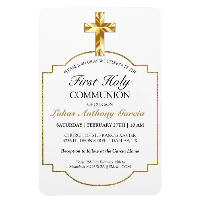 Elegant Gold First Holy Communion Invitation Magnet (Vertical)